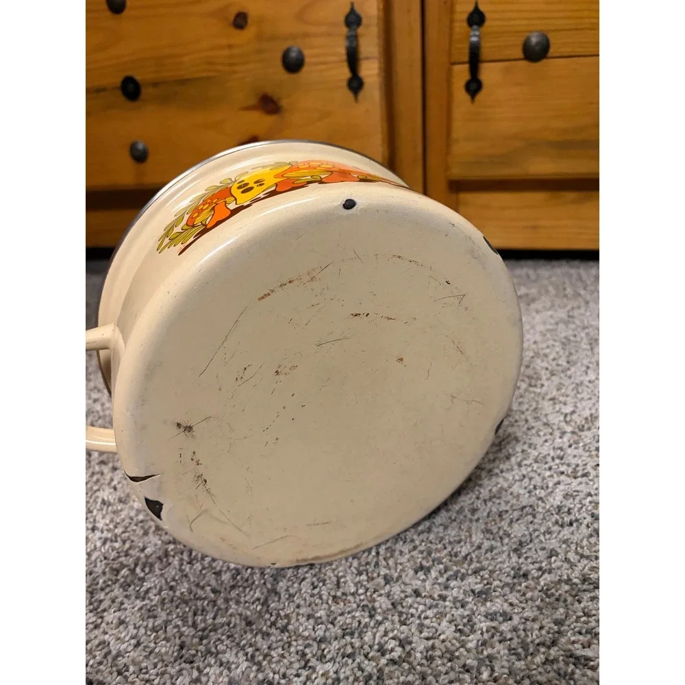 Vintage 70s Enamelware Merry Mushroom Pot Retro